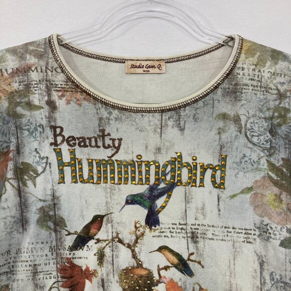 Studio Gem Q. Large Hummingbird Stretch Knit Crew Neck 3/4 Sleeve Artsy Boho Top - Picture 3 of 10